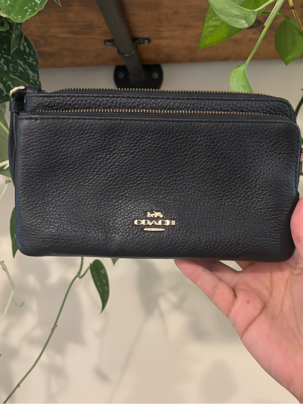 Coach Black Pebbled Leather Double-Zip Wristlet with Gold Logo